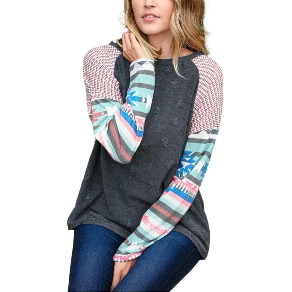 NEW HAPTICS DISTRESSED JACQUARD DOLMAN AZTEC THERMAL TOP - Picture 4 of 5